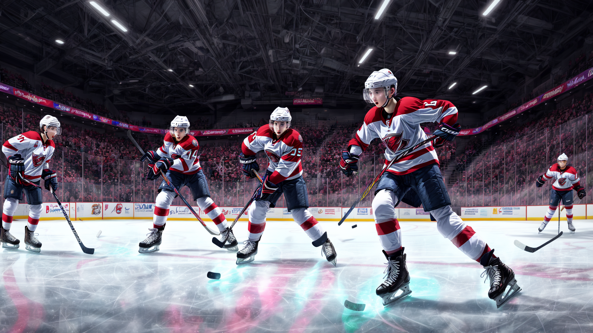 AI generated wallpaper featuring hockey players, ice rink, hockey stick, helmet, jersey