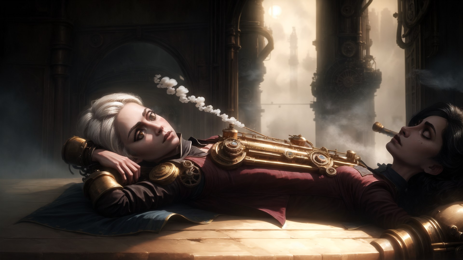 AI generated wallpaper featuring women, steampunk, mechanical