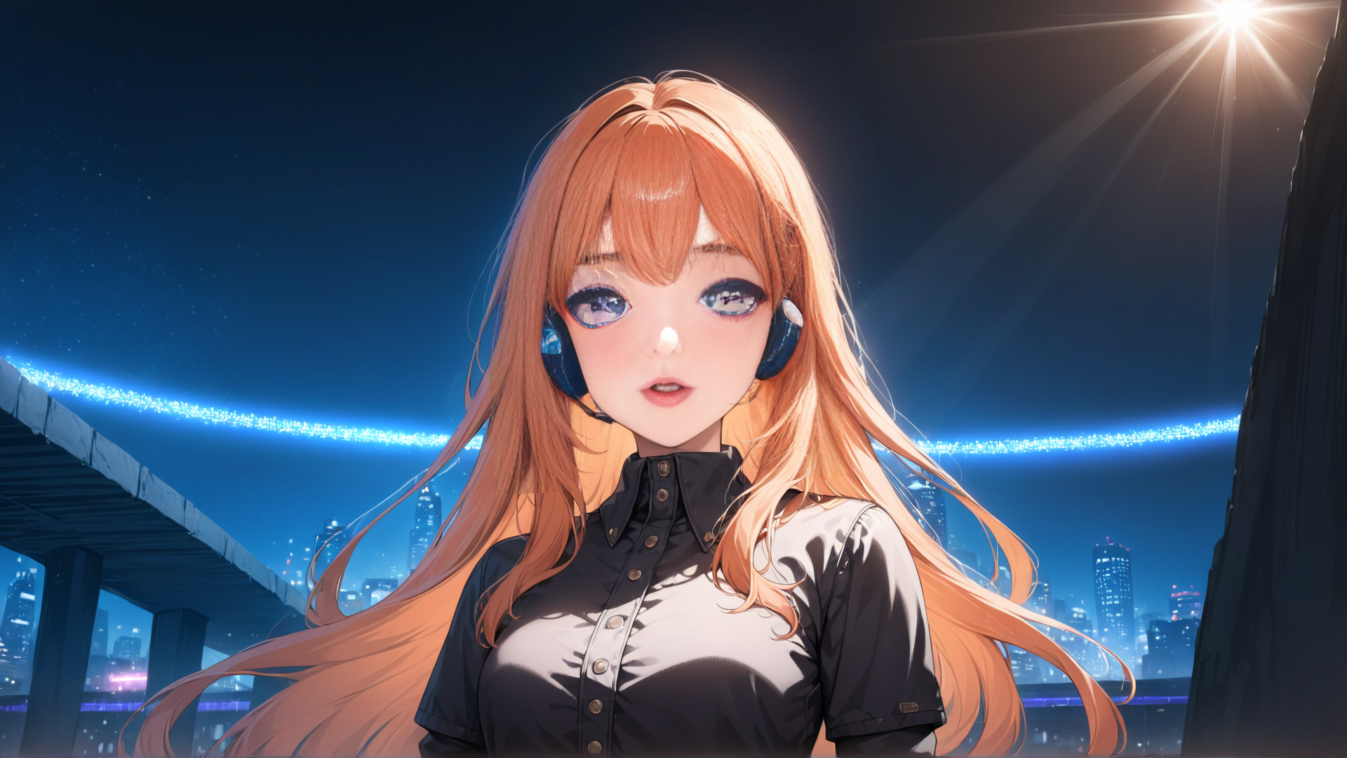 AI generated wallpaper featuring anime girl, headphones, cityscape