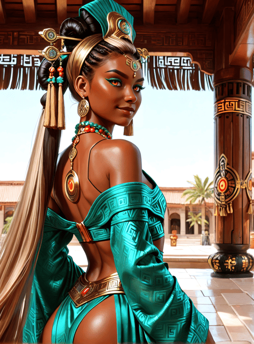 woman, columns, dress, jewelry, palm trees, temple, towers, ornaments, tassels, patterns
