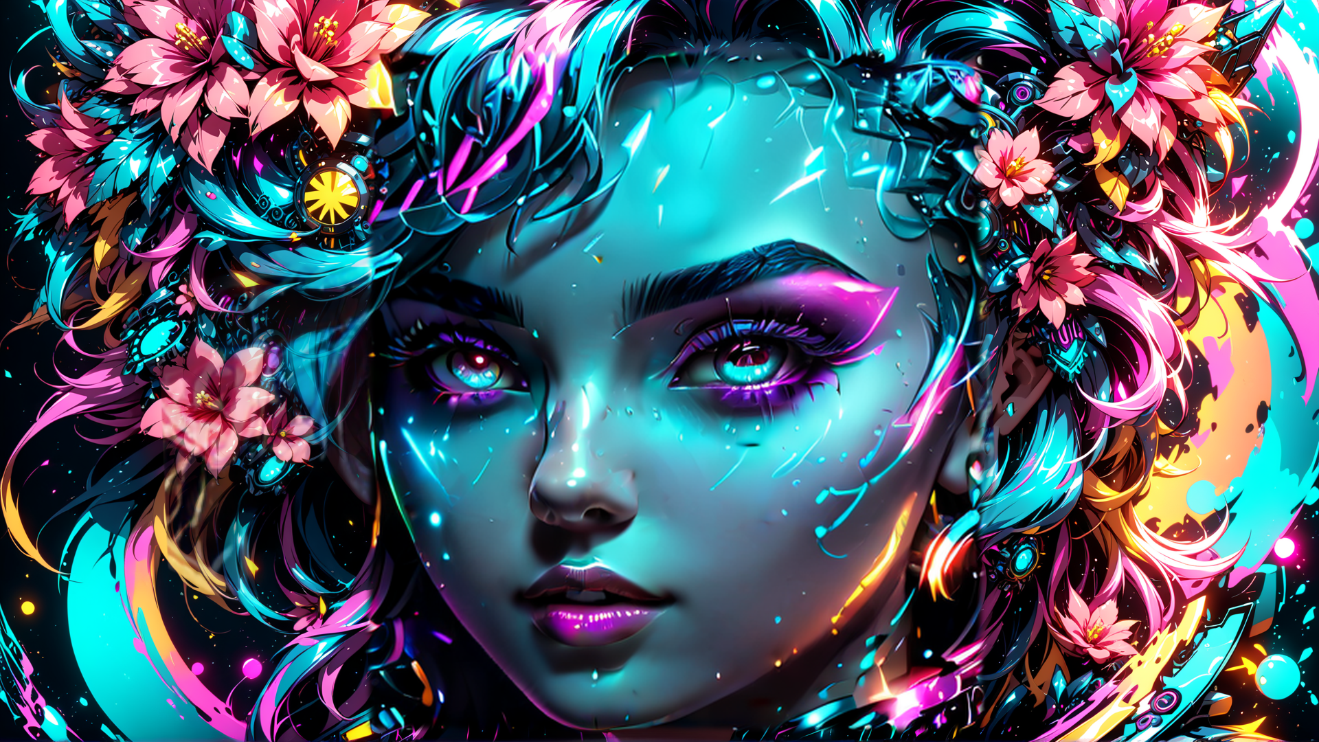 AI generated wallpaper featuring woman, flowers, mechanical