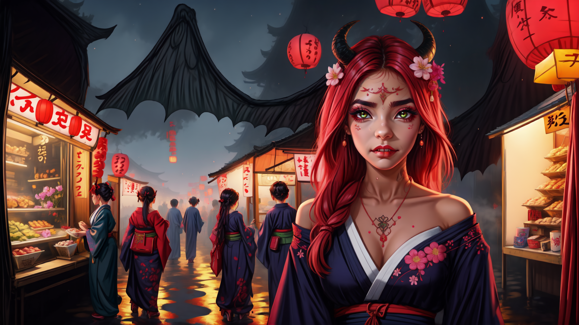 AI generated wallpaper featuring woman, red hair, horns, kimono, lanterns, market, bats, flowers, traditional, food stalls