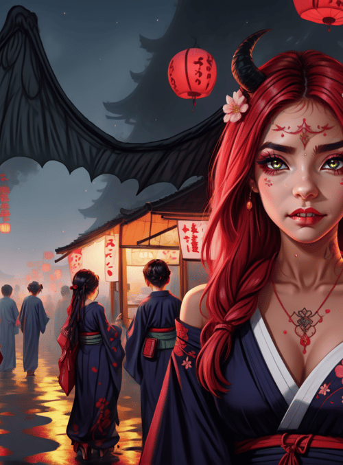 woman, red hair, horns, kimono, lanterns, market, bats, flowers, traditional, food stalls
