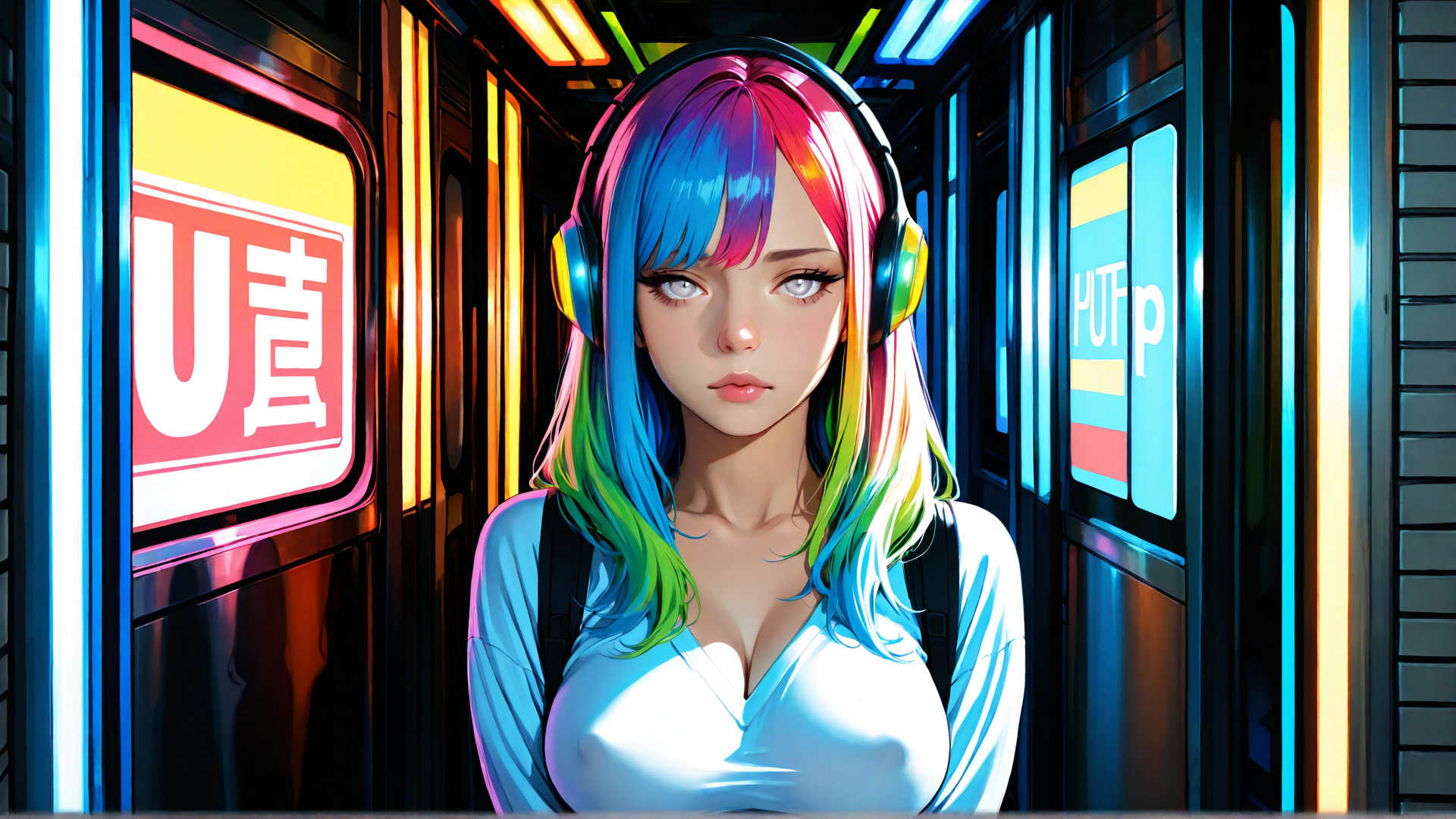 AI generated wallpaper featuring girl, headphones, neon, train, rainbow hair, backpack, sign, digital, cyberpunk, urban