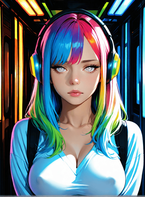 girl, headphones, neon, train, rainbow hair, backpack, sign, digital, cyberpunk, urban
