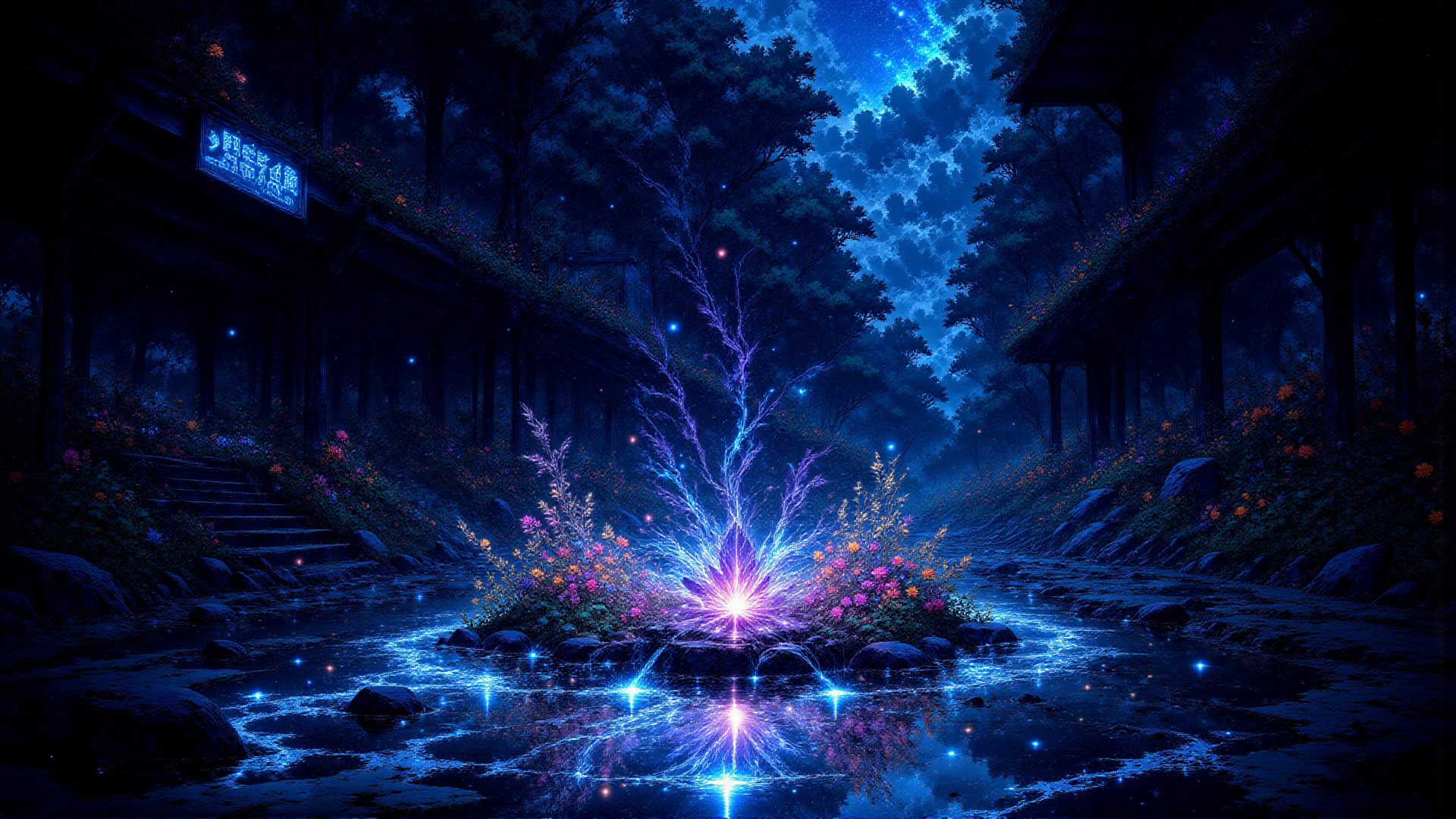 AI generated wallpaper featuring forest, river, flowers, trees, building, stars, sparkles, glowing plant, path, water