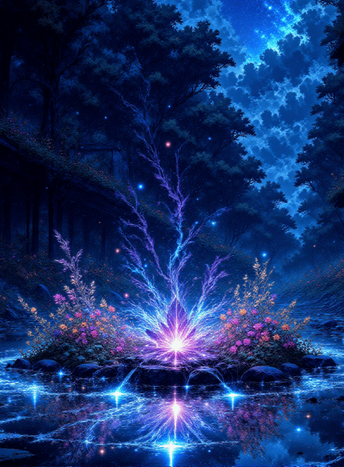 forest, river, flowers, trees, building, stars, sparkles, glowing plant, path, water