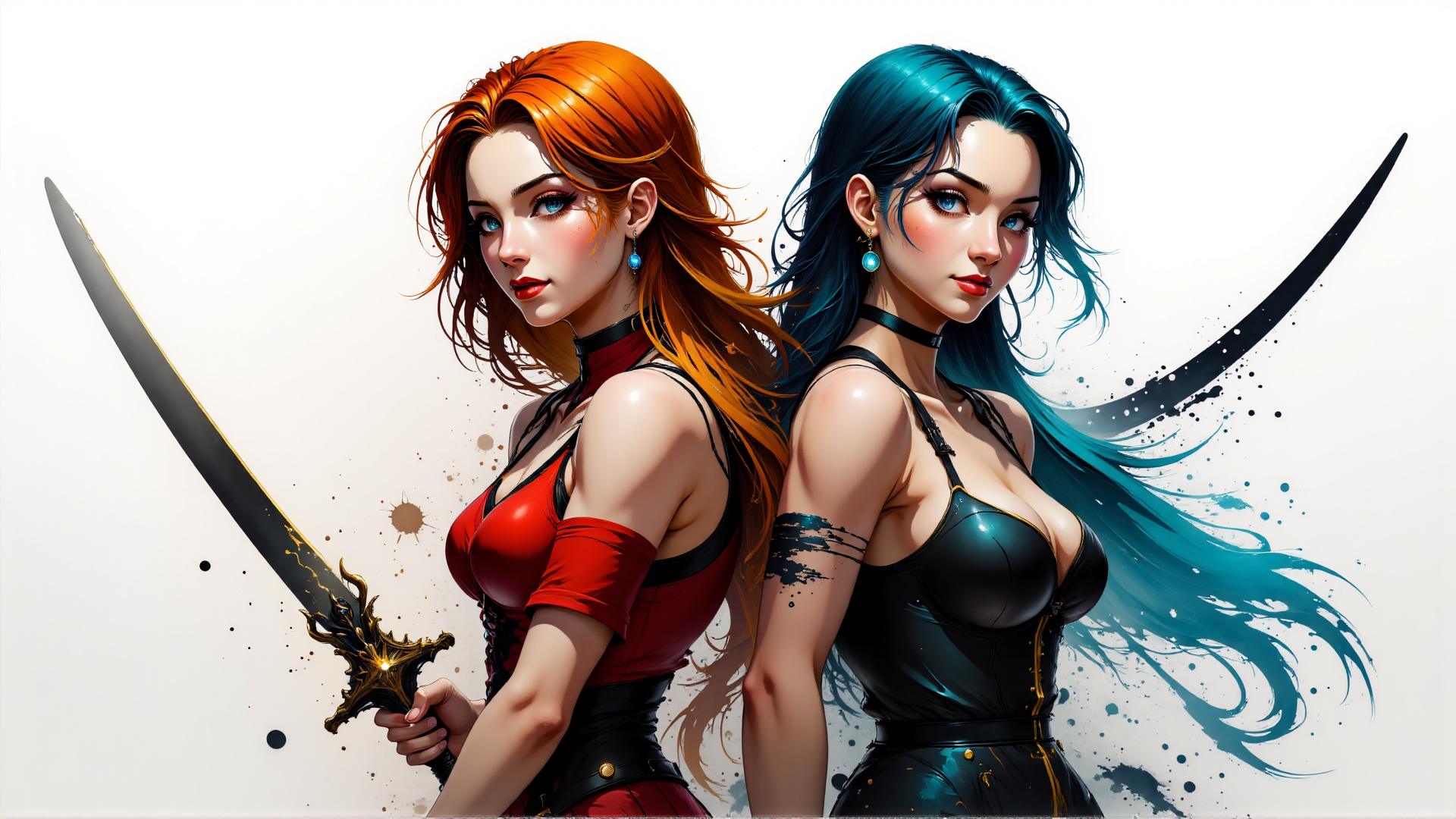 AI generated wallpaper featuring woman, sword, hair