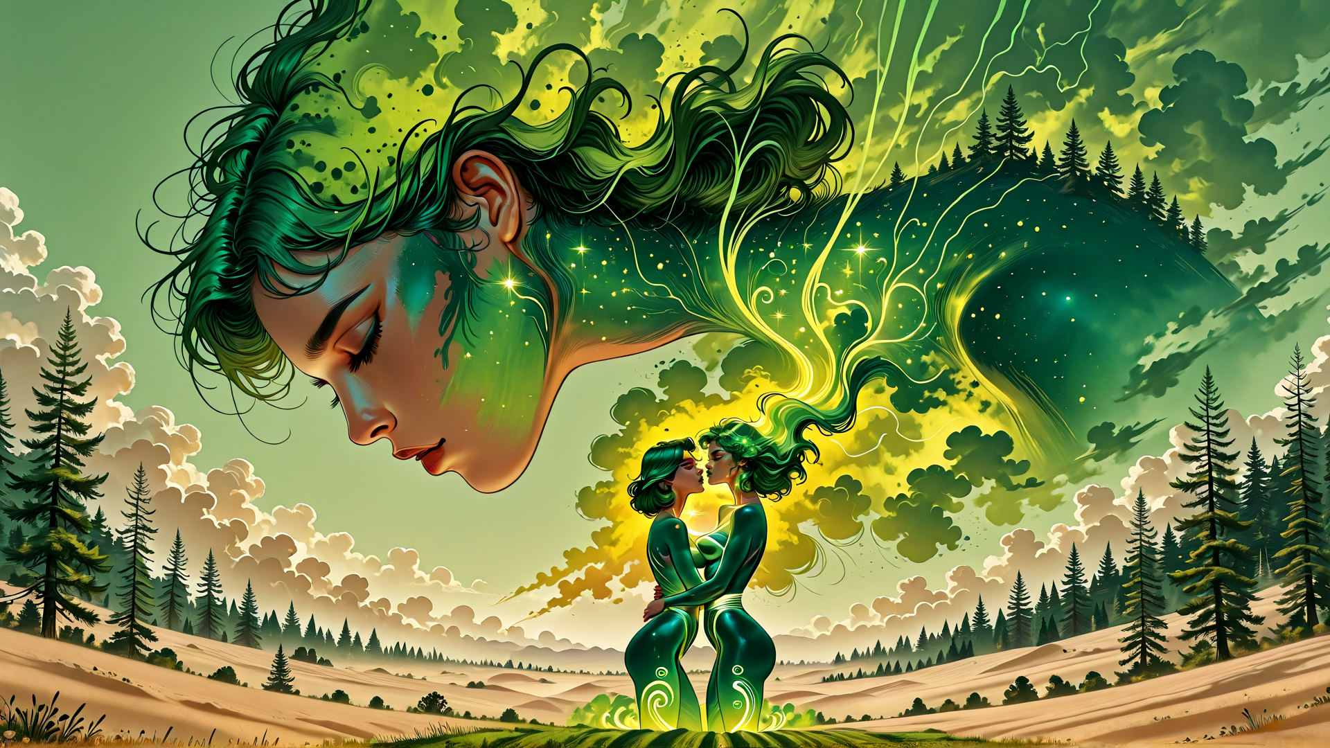 AI generated wallpaper featuring woman, nature, forest, kiss, surreal, trees