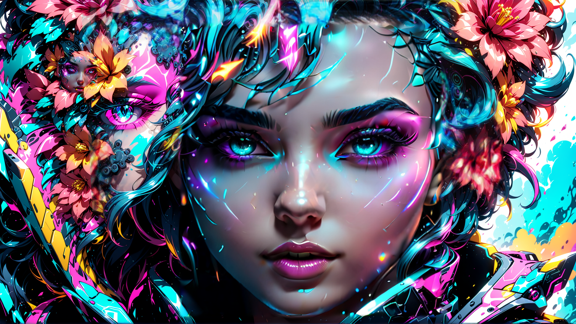 AI generated wallpaper featuring woman, flowers, cybernetics