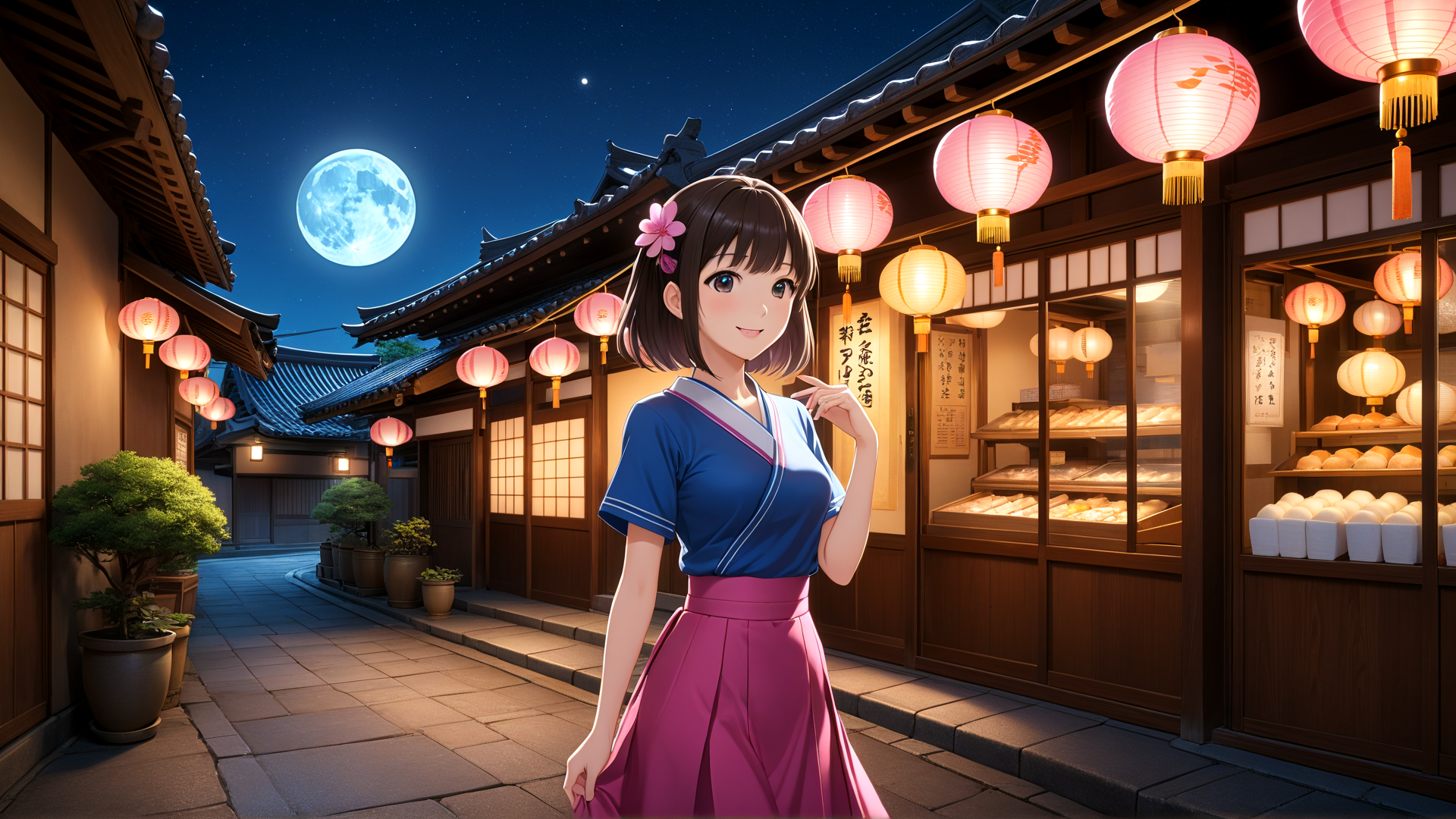 AI generated wallpaper featuring girl, lantern, moon, street, bakery, building, flower, lantern, store, pavement