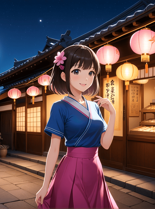 girl, lantern, moon, street, bakery, building, flower, lantern, store, pavement