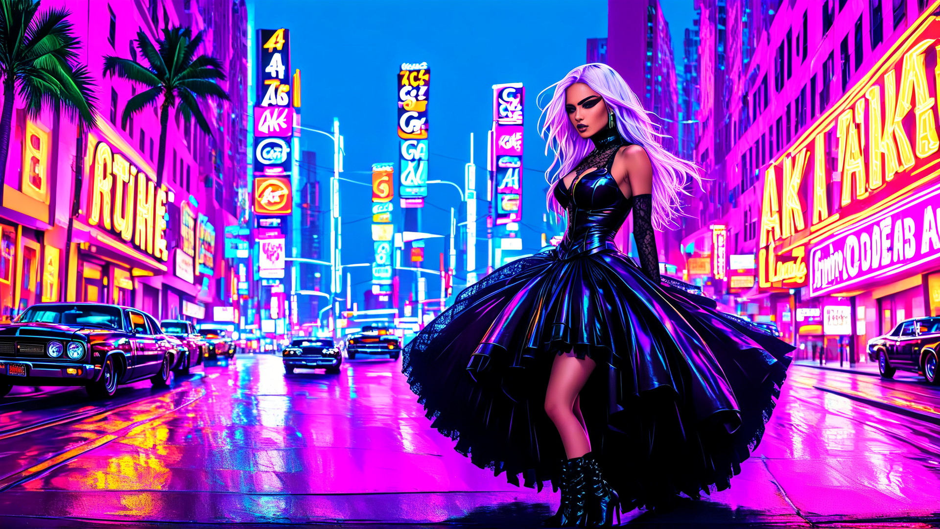 AI generated wallpaper featuring woman, city, neon