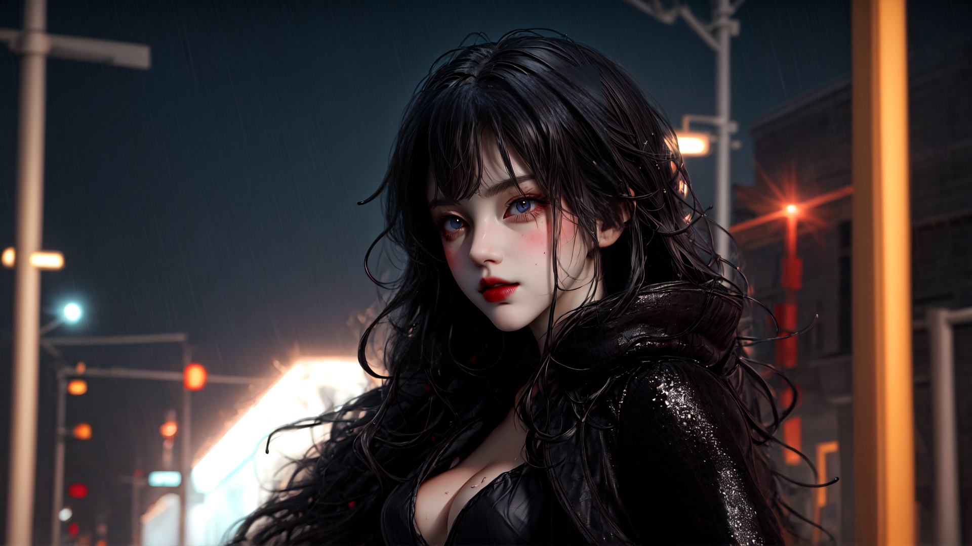AI generated wallpaper featuring woman, rain, street