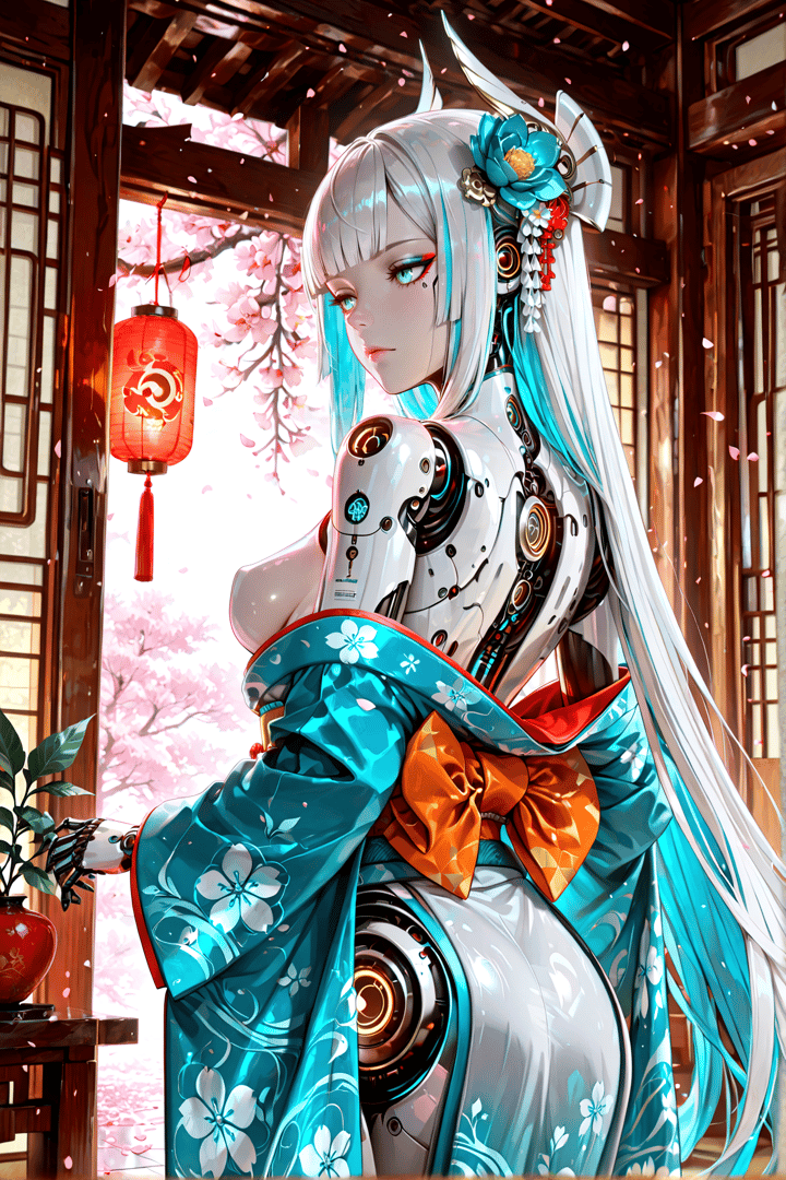 AI generated wallpaper featuring robot, girl, kimono, cherry blossom, lantern, antler, flower