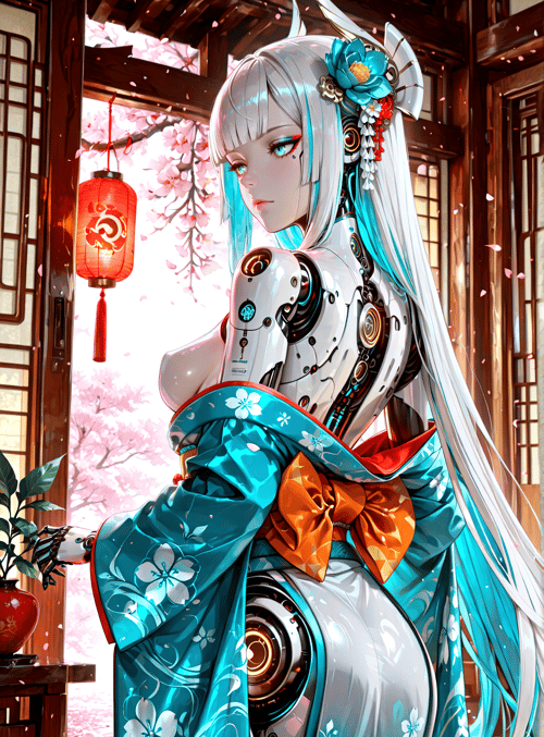 robot, girl, kimono, cherry blossom, lantern, antler, flower