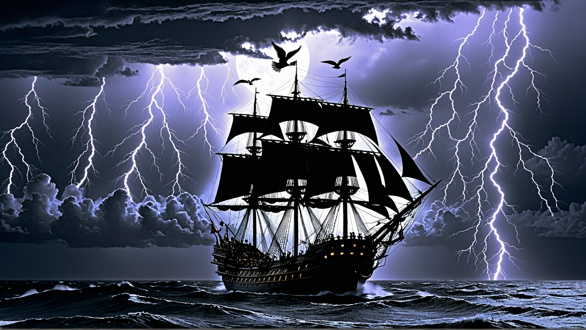 AI generated wallpaper featuring ship, lightning, seagulls