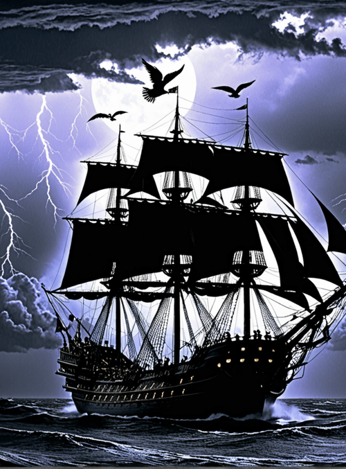 ship, lightning, seagulls