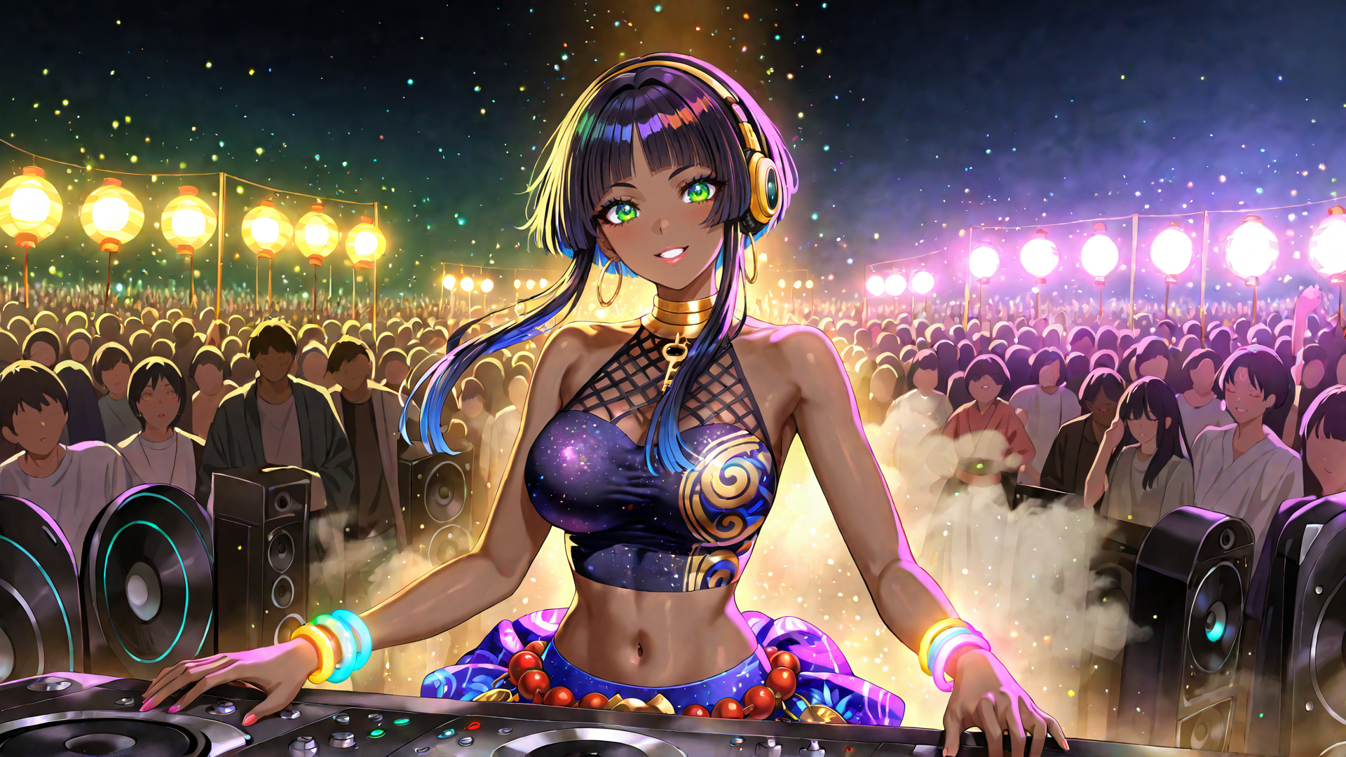 AI generated wallpaper featuring dj, anime girl, crowd