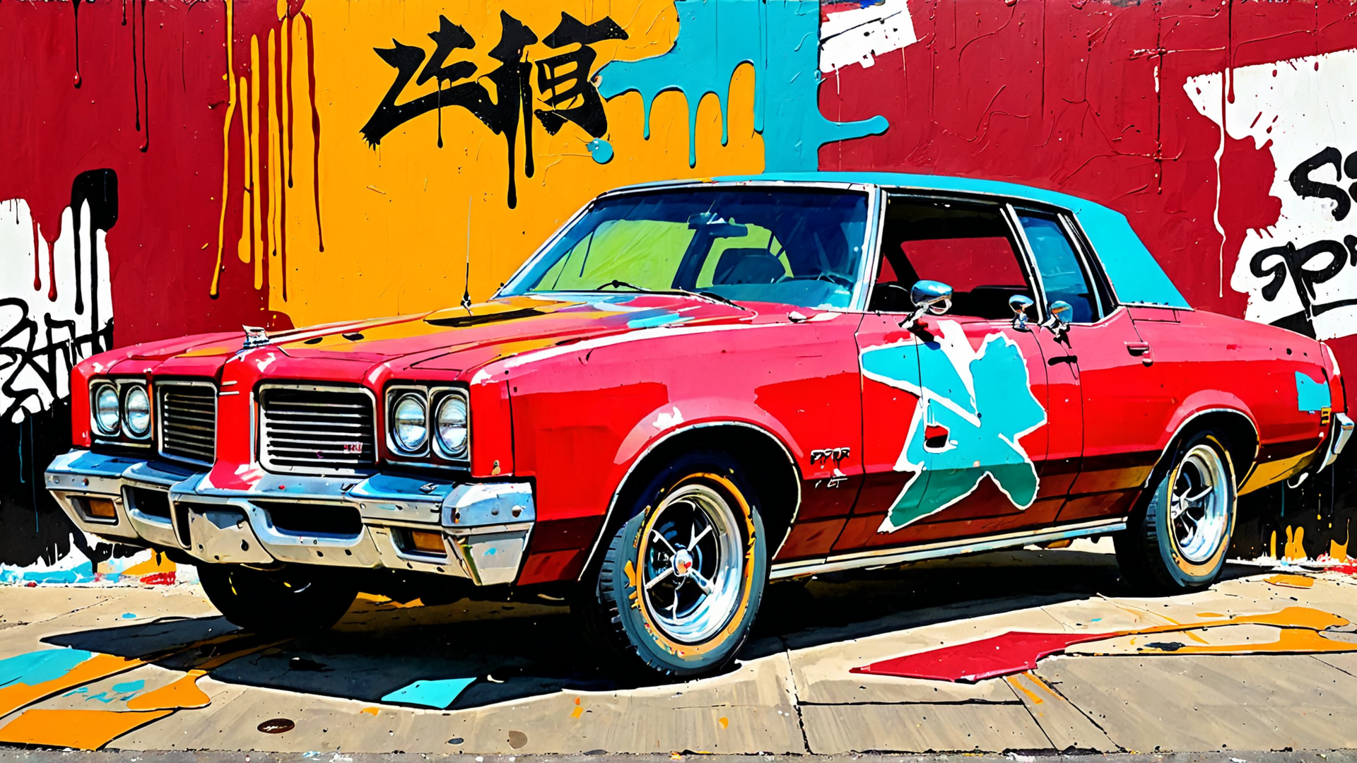 AI generated wallpaper featuring car, street art, graffiti, wall, paint