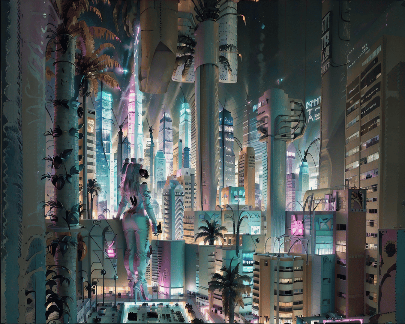 AI generated wallpaper featuring cyberpunk, cityscape, figure
