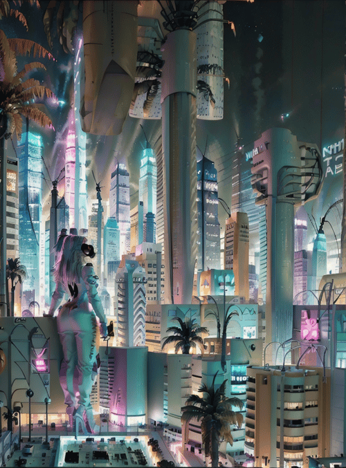 cyberpunk, cityscape, figure