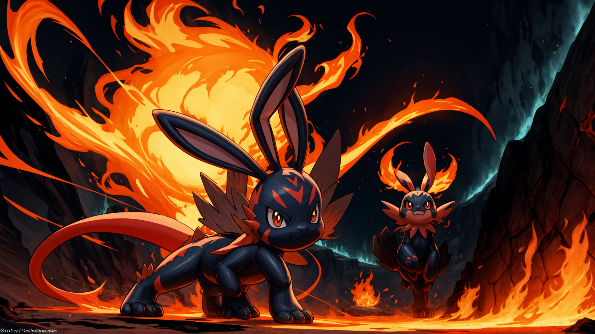 AI generated wallpaper featuring bunny pokémon, fire, volcanic