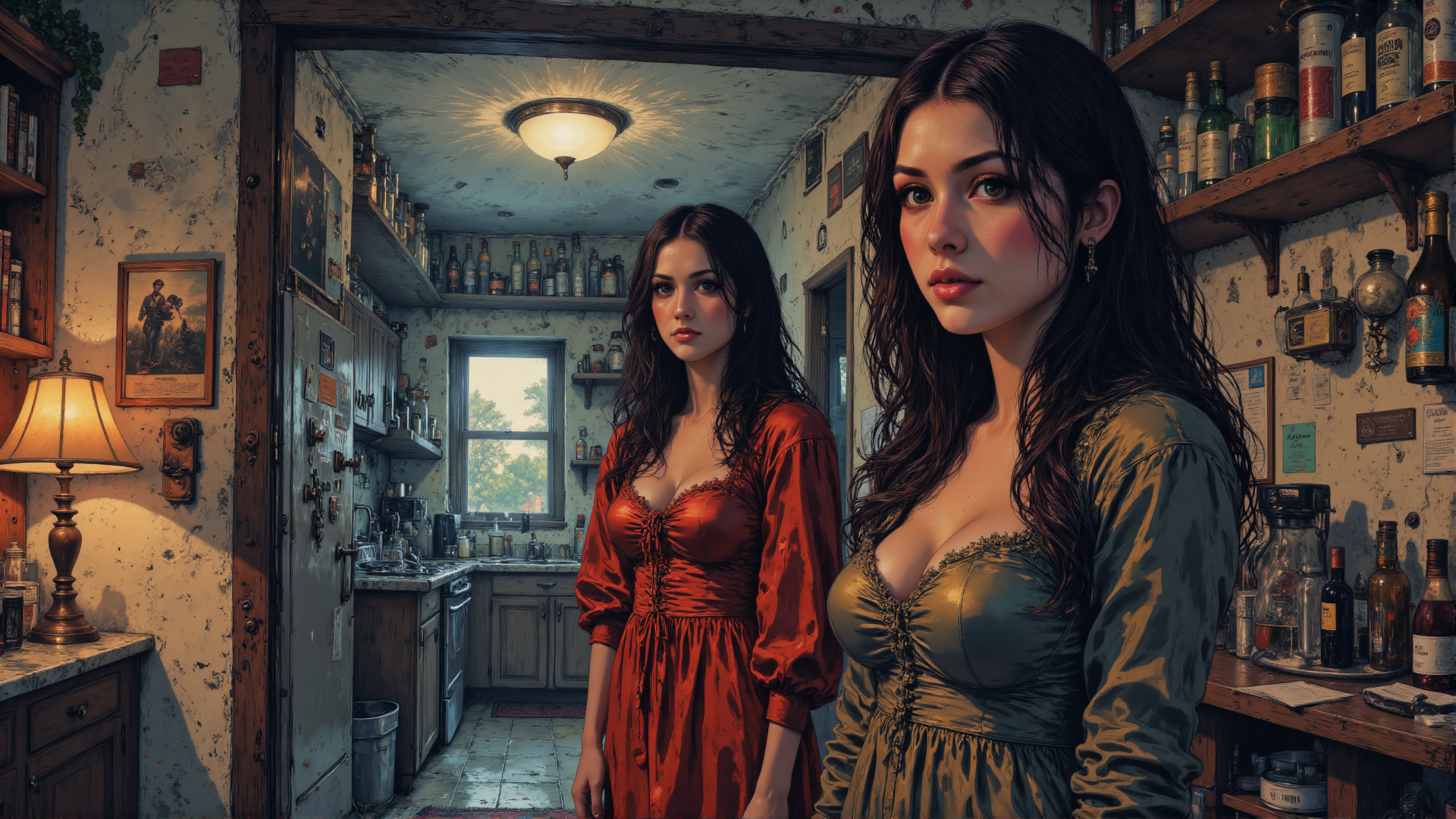 AI generated wallpaper featuring women, dress, kitchen, bottles, shelf, lamp, window, books, wall, picture
