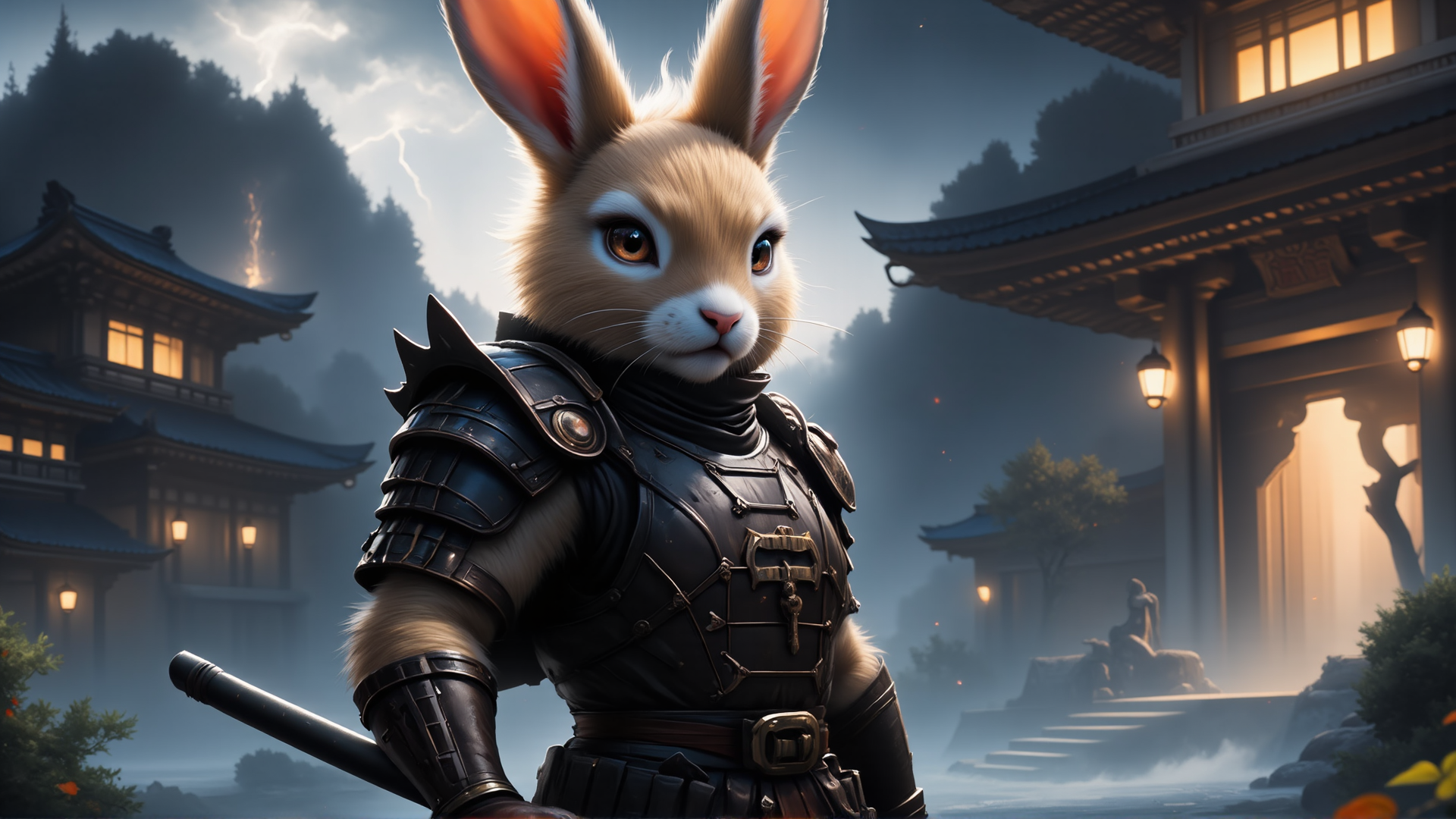 AI generated wallpaper featuring rabbit, samurai, armor, sword, traditional building