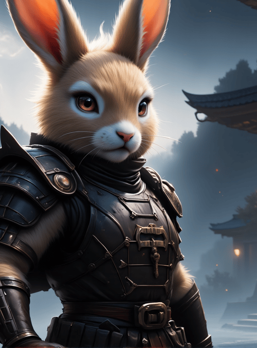 rabbit, samurai, armor, sword, traditional building