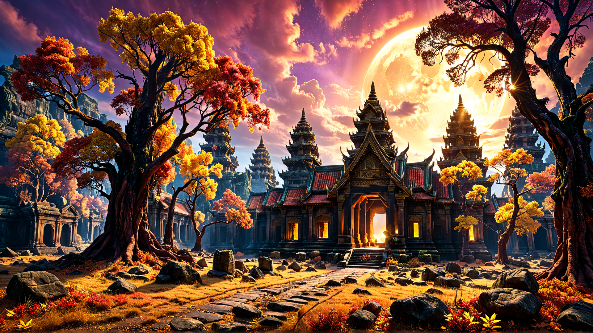 AI generated wallpaper featuring temple, trees, landscape