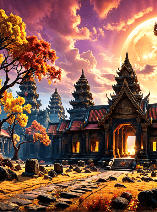 temple, trees, landscape