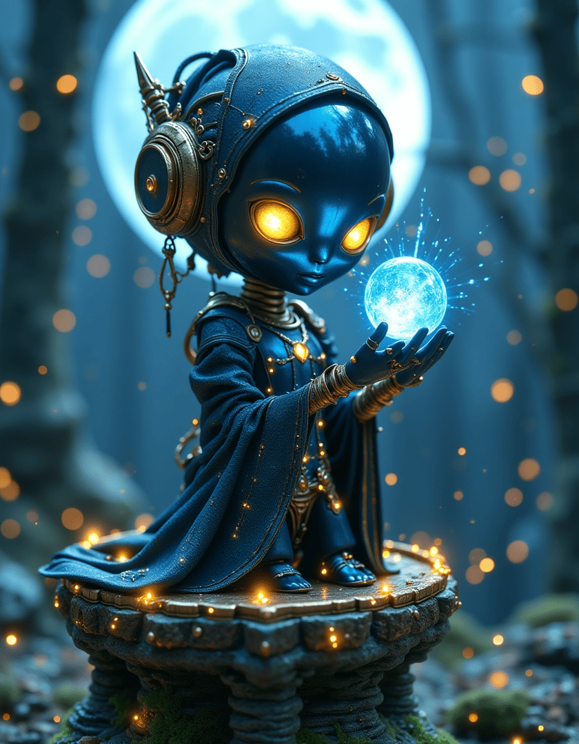 AI generated wallpaper featuring alien, crystal ball, statue