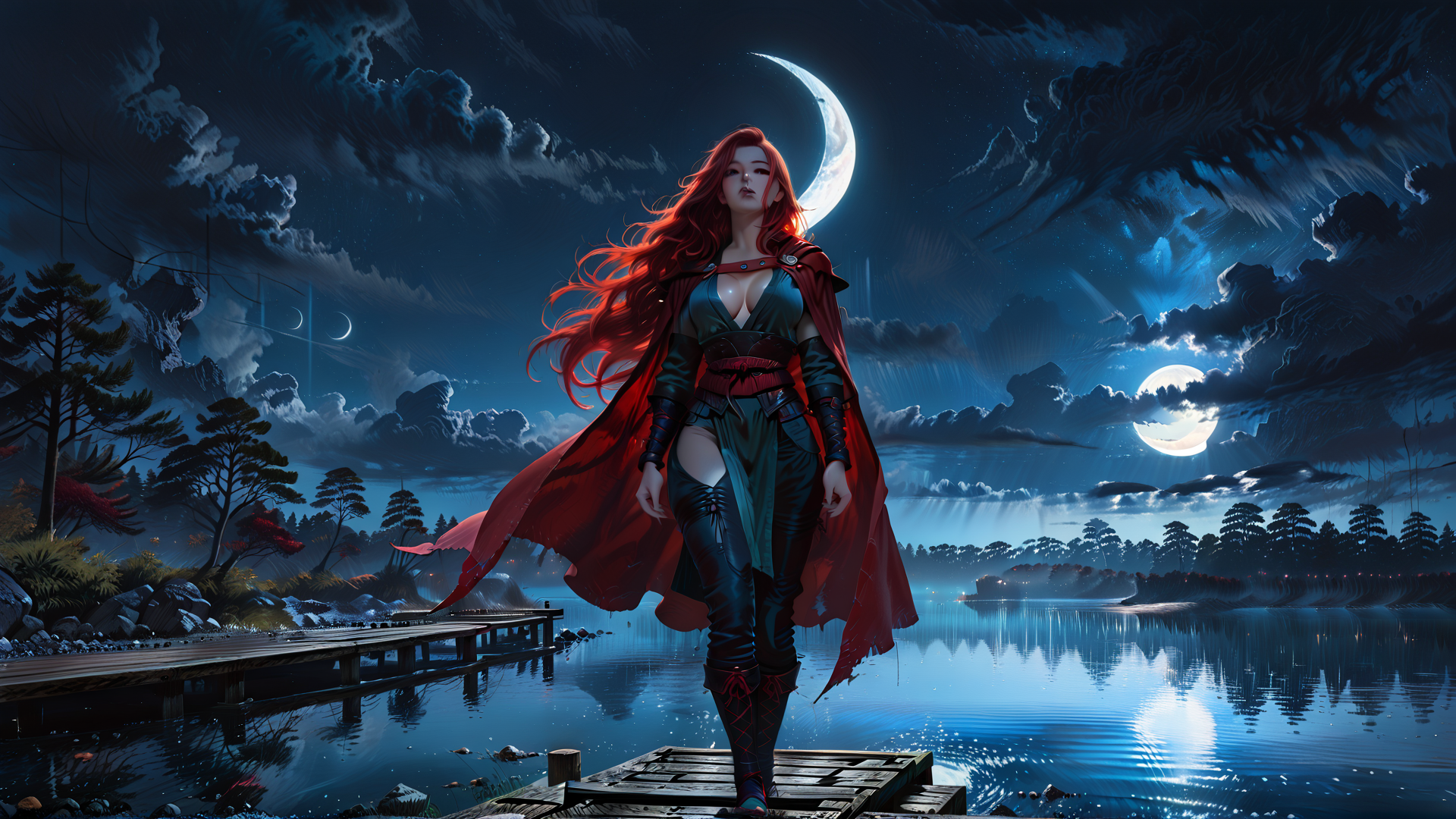 AI generated wallpaper featuring woman, moon, lake, forest, cape, trees, dock, sky, clouds, stars
