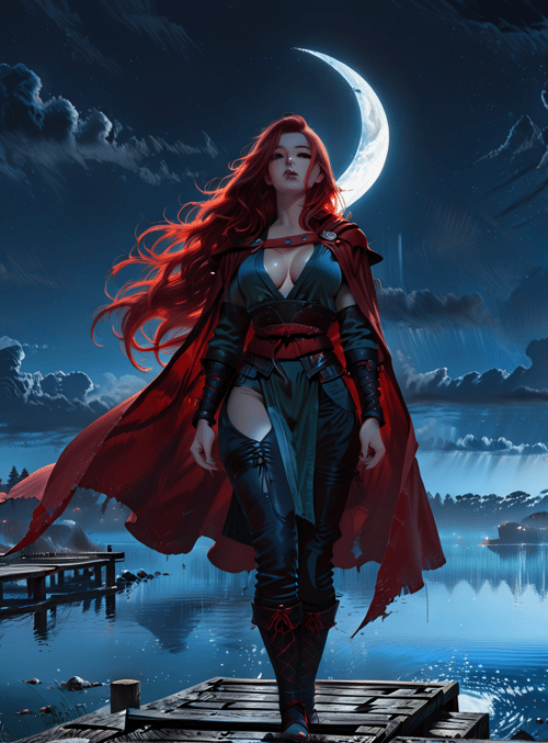 woman, moon, lake, forest, cape, trees, dock, sky, clouds, stars