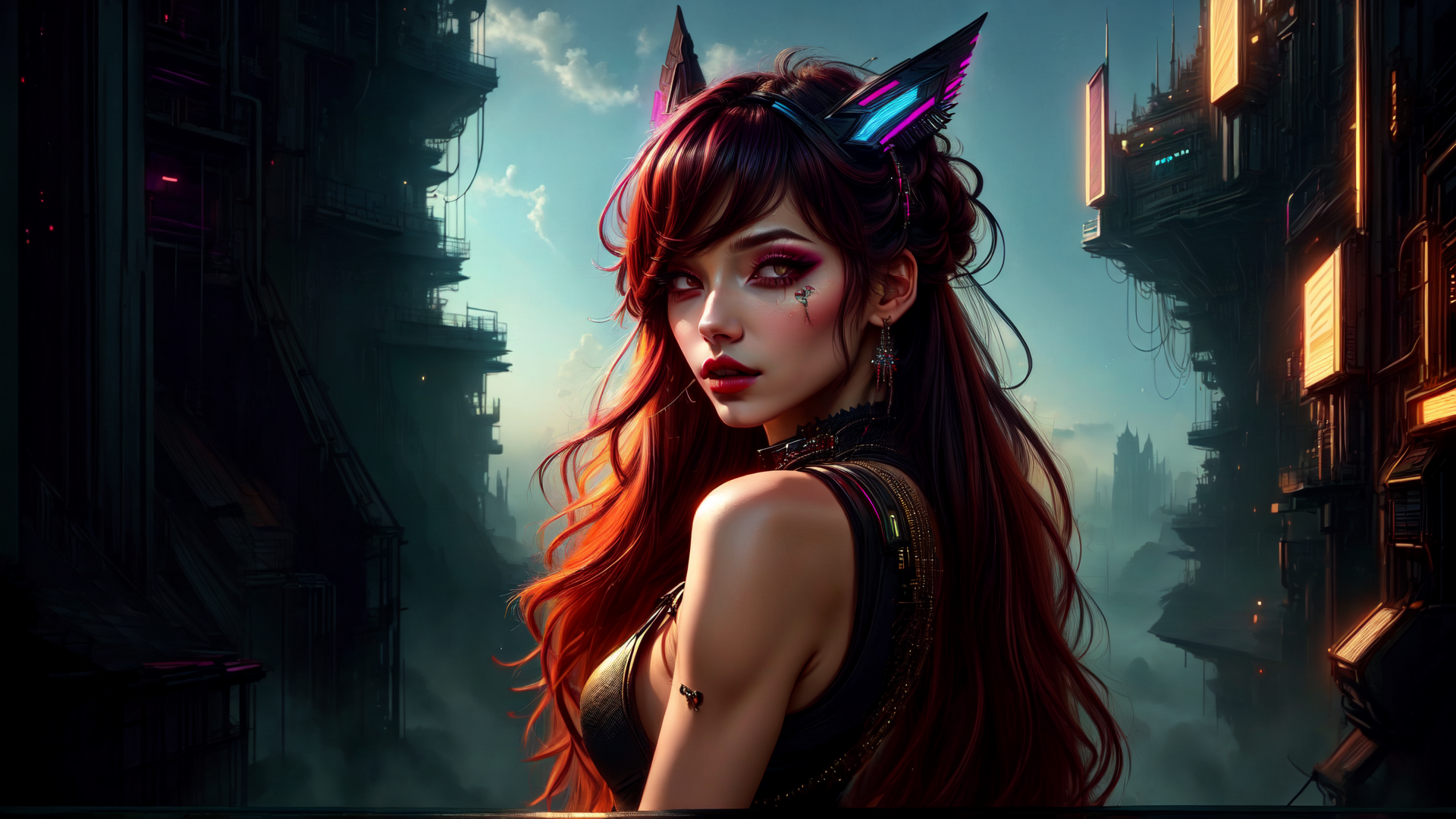 AI generated wallpaper featuring woman, cat ears, cityscape, futurism