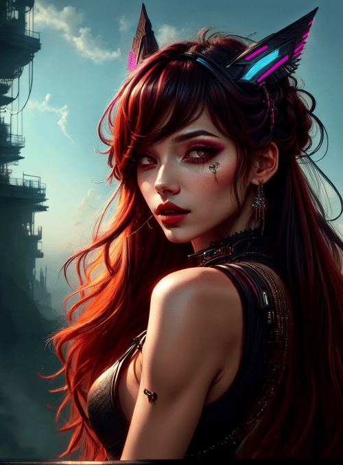 woman, cat ears, cityscape, futurism