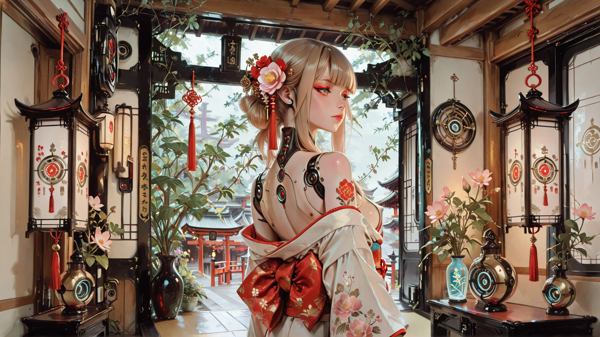 AI generated wallpaper featuring woman, girl, lantern, vase, flower, kimono, garden, building, decoration, robot