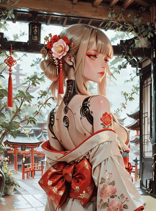 woman, girl, lantern, vase, flower, kimono, garden, building, decoration, robot