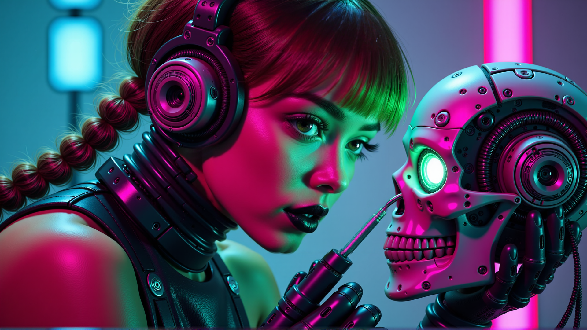 AI generated wallpaper featuring human, robot, skull
