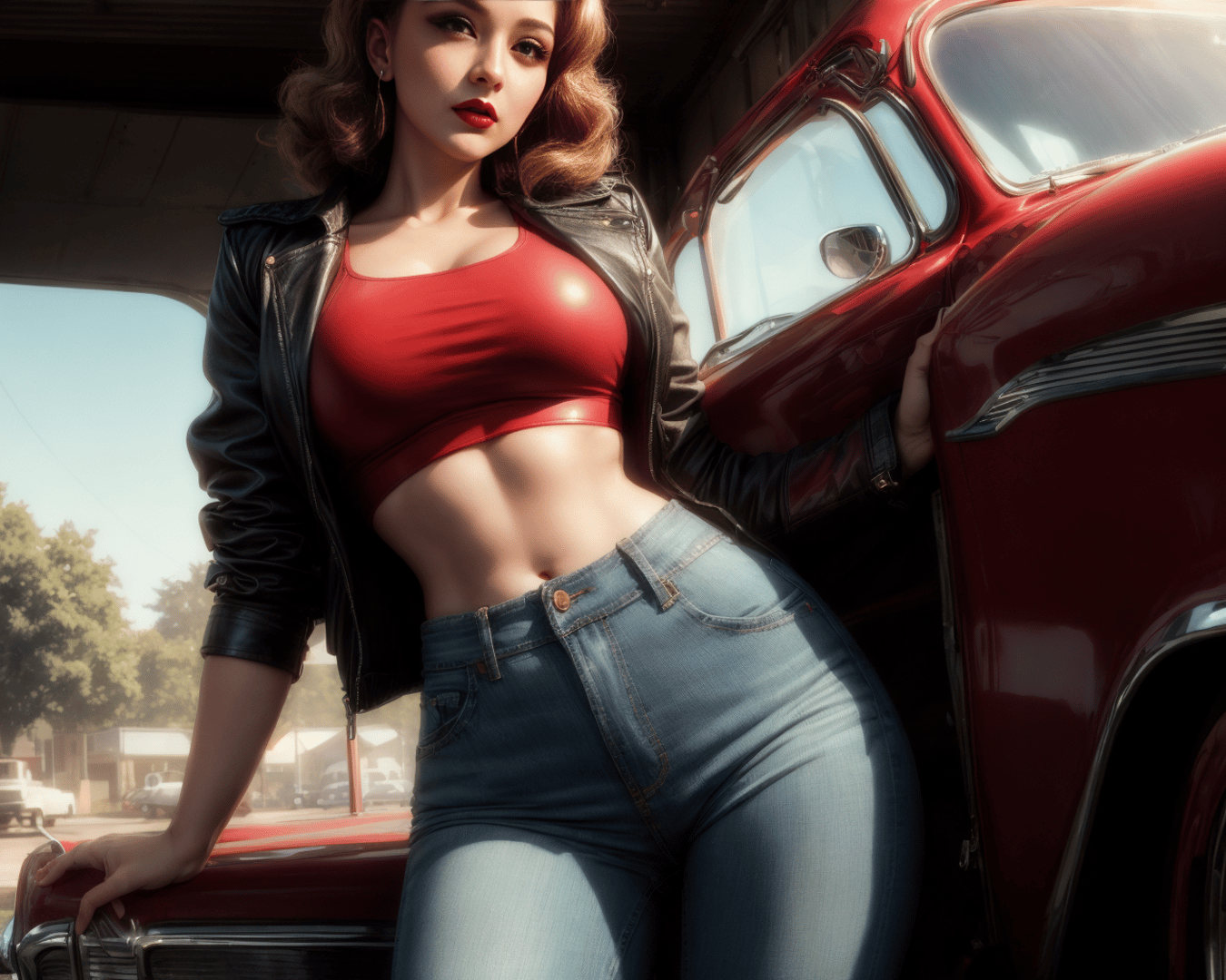 AI generated wallpaper featuring woman, car, leather