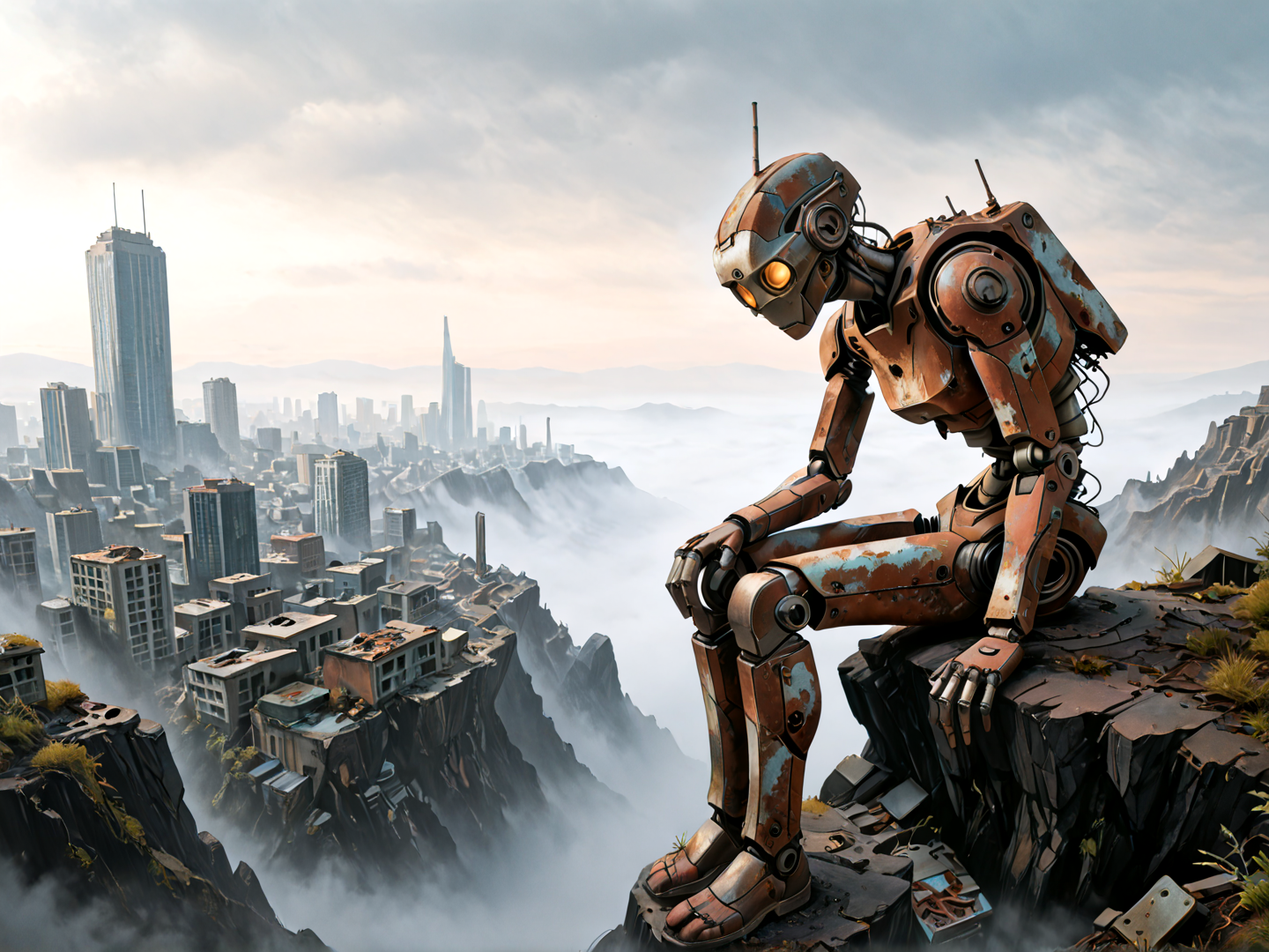 AI generated wallpaper featuring robot, cityscape, cliff, cloud, building
