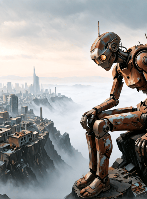 robot, cityscape, cliff, cloud, building