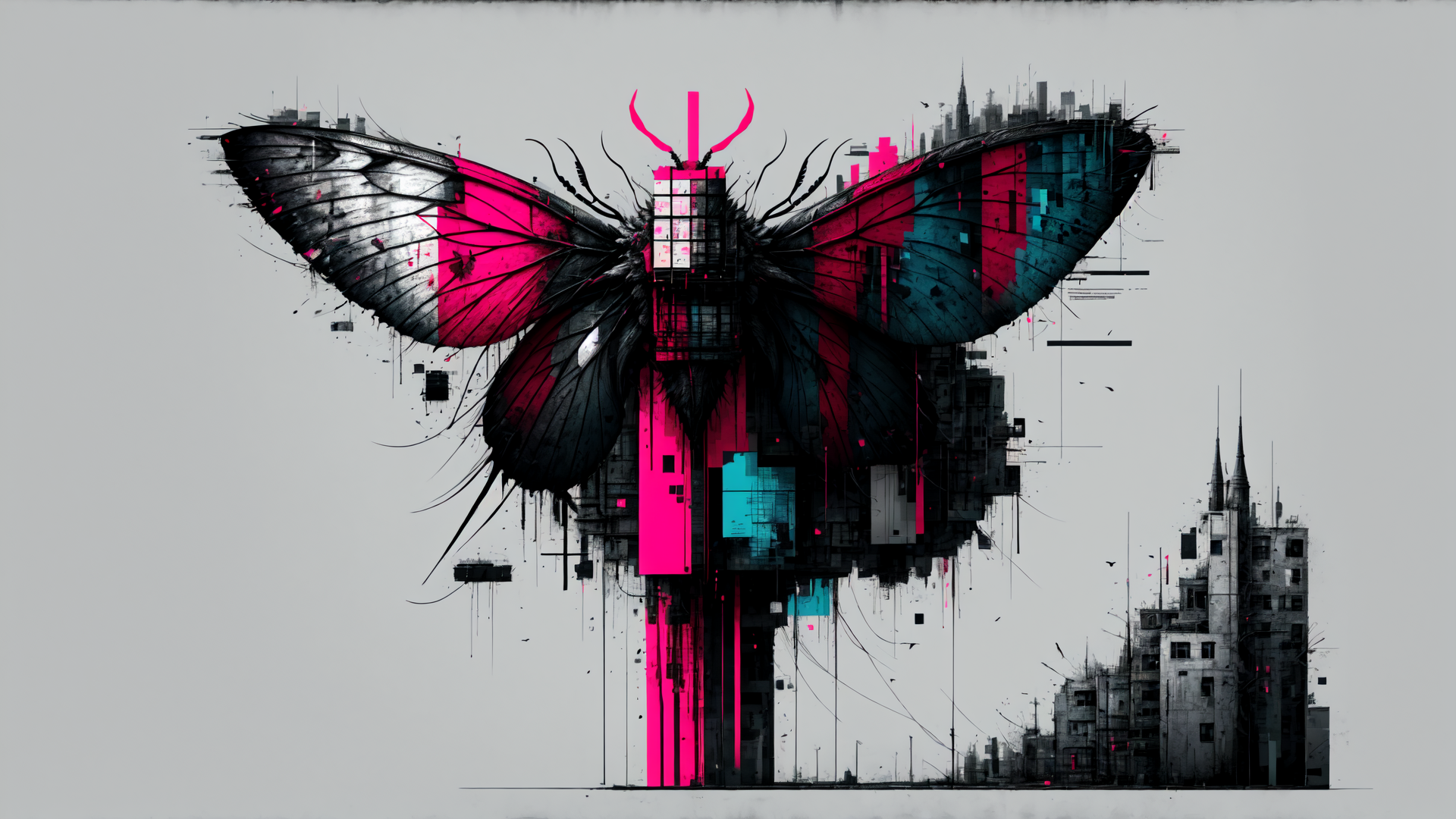 AI generated wallpaper featuring butterfly, cityscape, building, structure