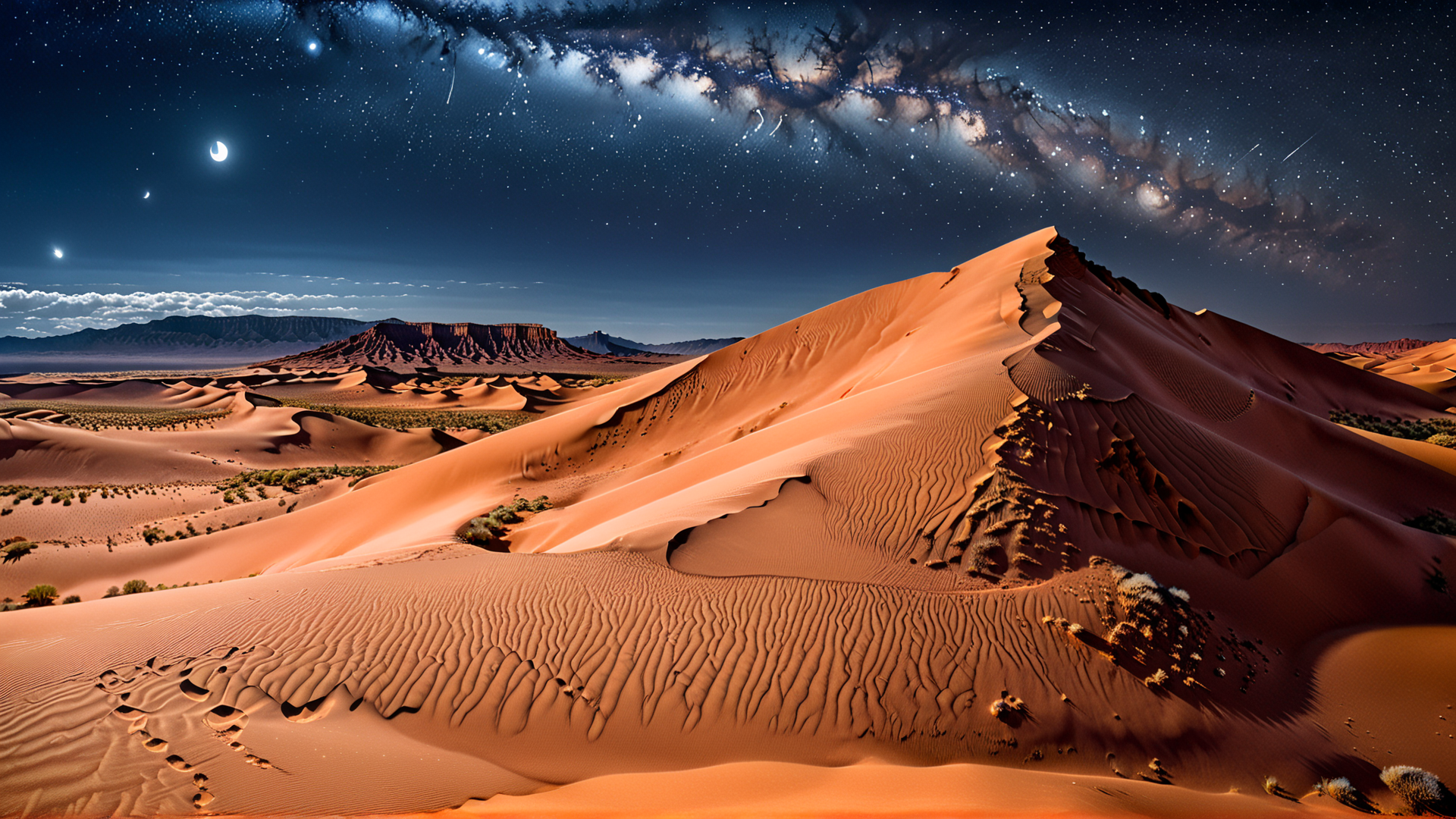 AI generated wallpaper featuring desert, dunes, galaxy
