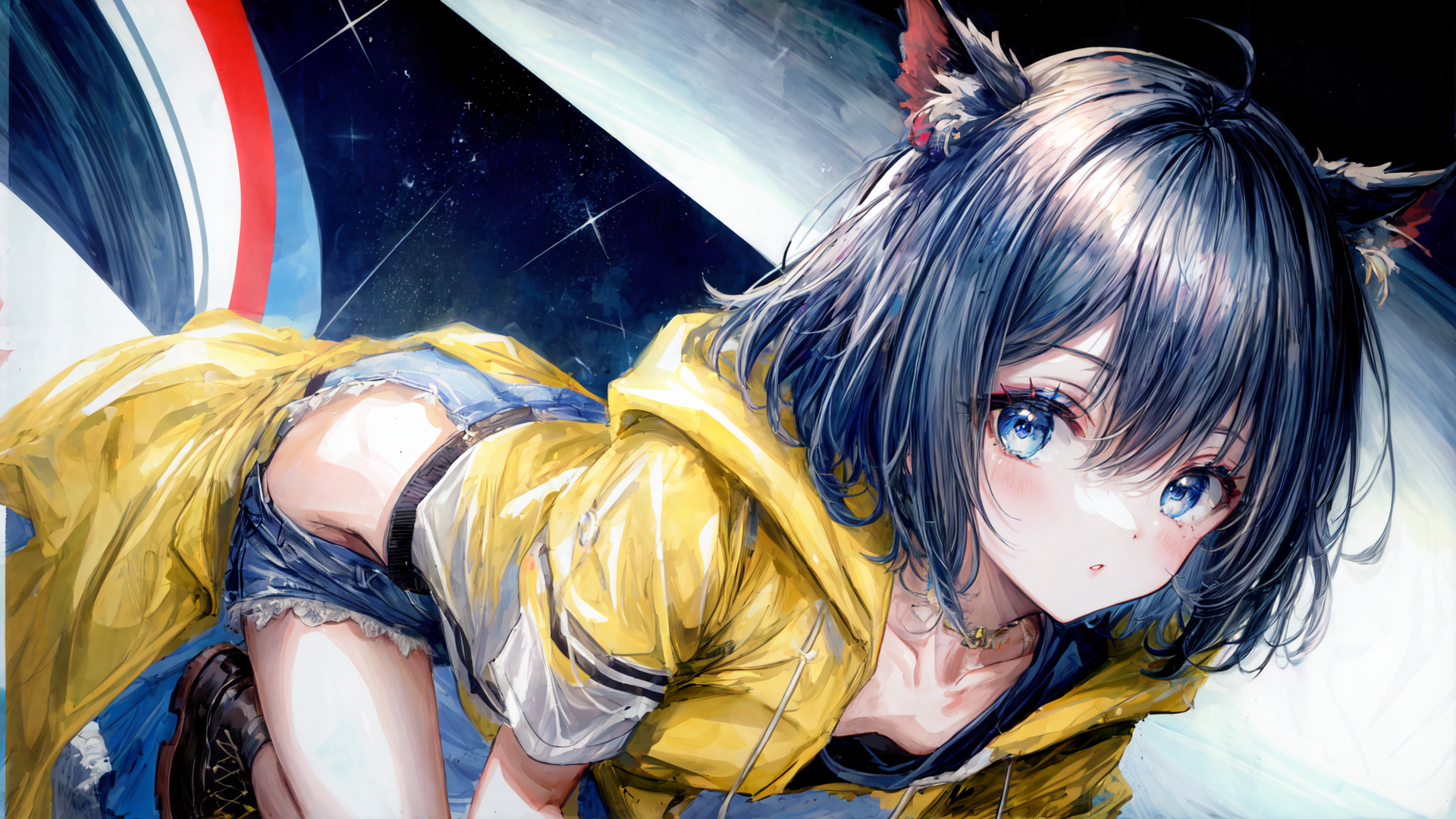 AI generated wallpaper featuring girl, cat ears, yellow jacket, shorts, space, light, stars, hair, necklace, boots