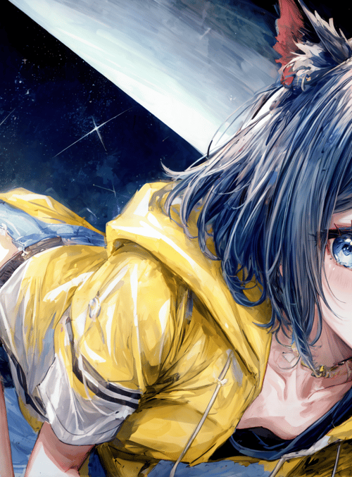 girl, cat ears, yellow jacket, shorts, space, light, stars, hair, necklace, boots