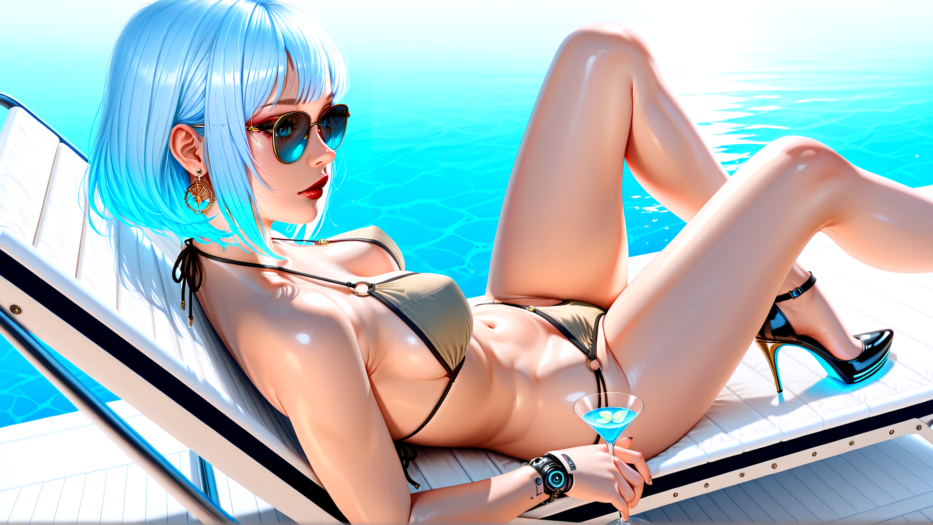 AI generated wallpaper featuring woman, pool, chaise lounge, cocktail, sunglasses, high heels, swimwear, blue hair, earring, watch
