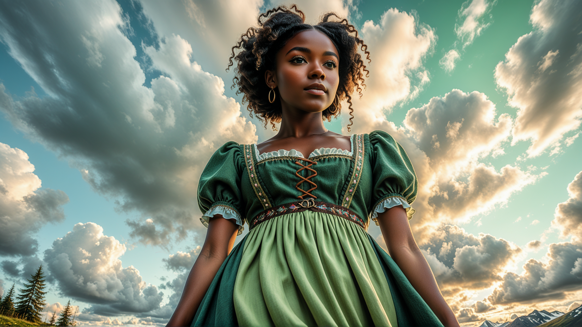 AI generated wallpaper featuring woman, dress, clouds, mountains, trees