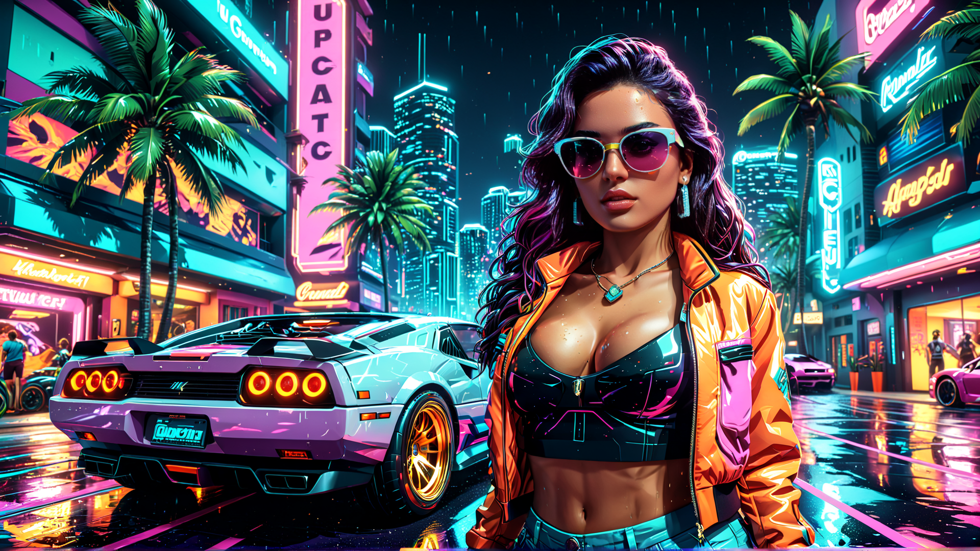 AI generated wallpaper featuring woman, car, city